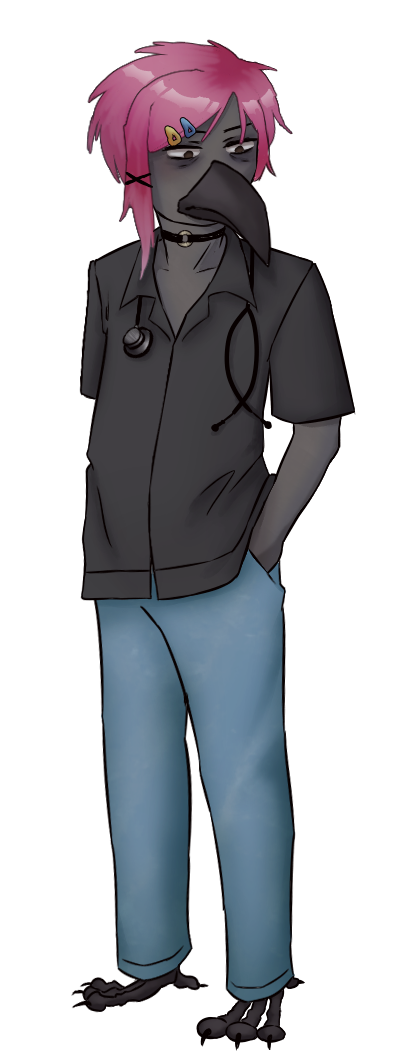 Anthropomorphic crow with emo pastel pink hair, tired stare and hospital scrubs.